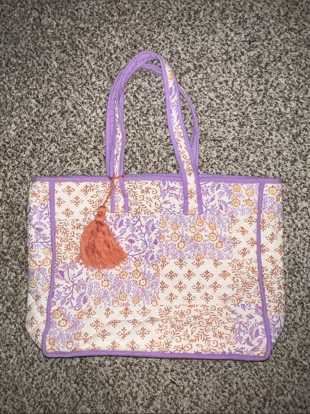 Purple Floral Quilted Tote Bag with Orange Tassel